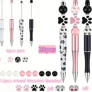 🐾 Paw Print Beaded Pen Set – 28-Piece DIY Cute Writing Pen Kit